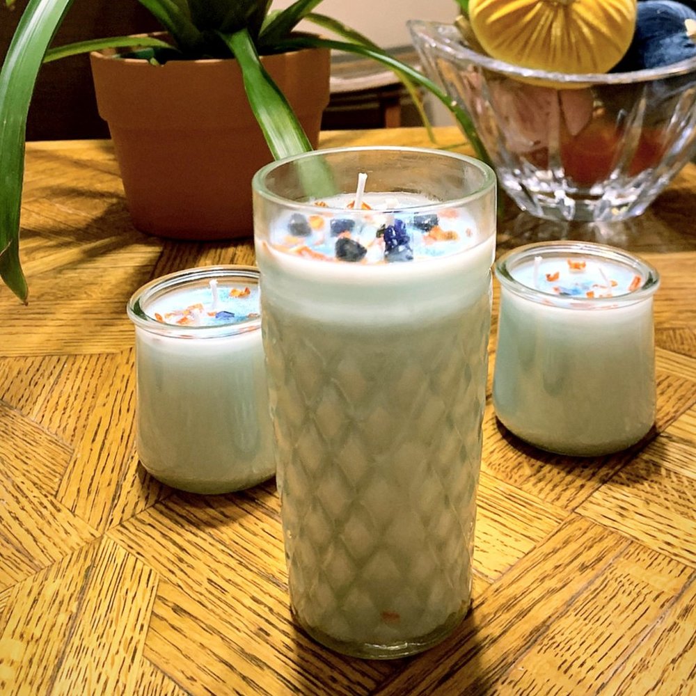 Lady of the Lake ~ Sparkling Dressed Candle in Vintage Glass